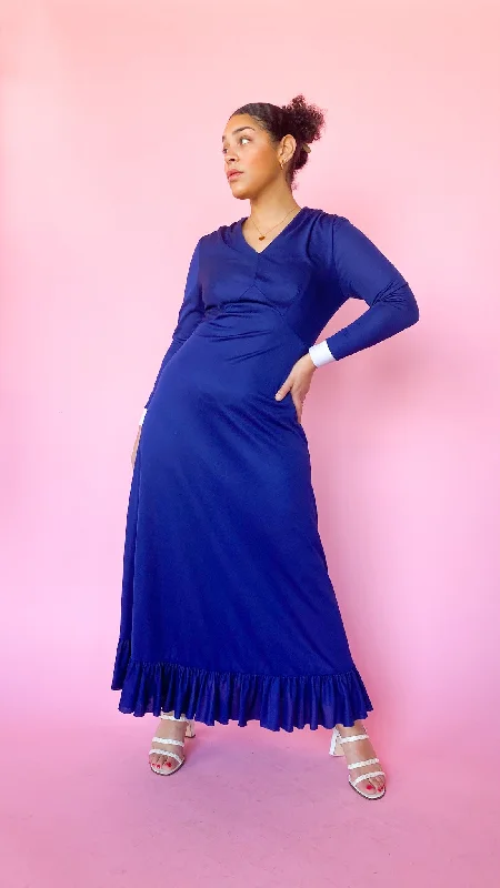 1970s Navy Blue Maxi Dress, sz. L Fashionable Halter Neck Maxi Dress