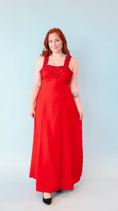 1990s Alyce Red Beaded Maxi Dress, sz. M/L Stylish Off-Shoulder Maxi Dress