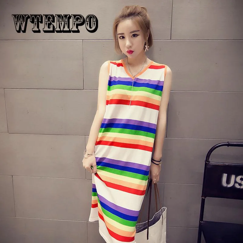 2019 Fashion Women Striped Boho Long Maxi Dress Newest Sleeveless Beach Vest Dresses Stylish Empire Waist Maxi Dress