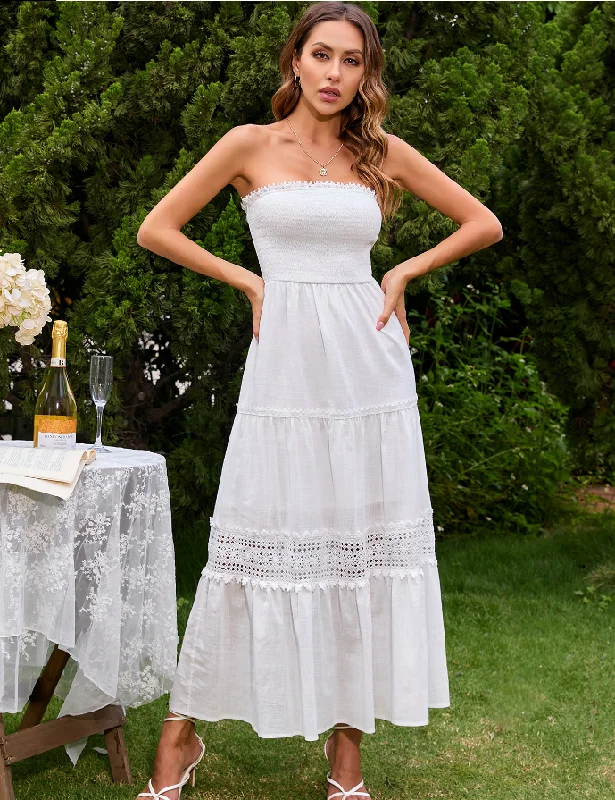 New Elegant Strapless Ruffle White Summer Dress Women Hollow Out Lace Cotton Maxi Dresses Stylish A-Line Maxi Dress