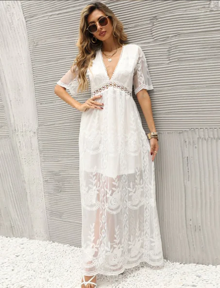 Summer Embroidery Lace Hollow Out Maxi Dress Cozy Cold-Shoulder Maxi Dress