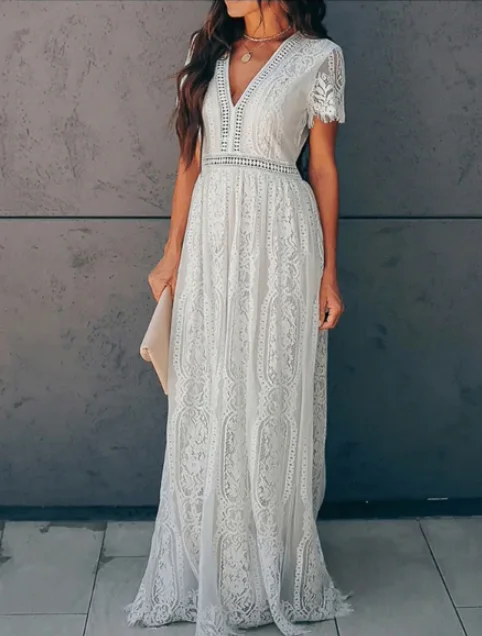 Summer New V Neck Embroidery Lace Hollow Out Maxi Dress Comfortable Maxi Dress with Belt