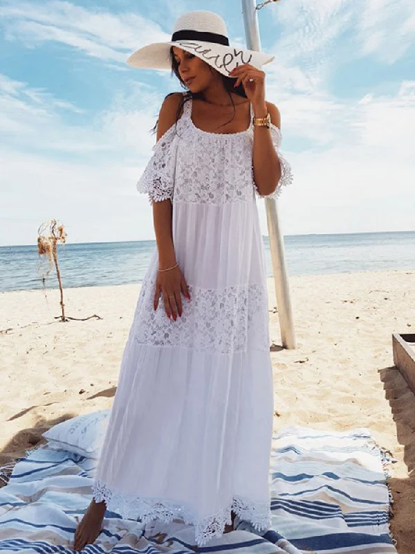 Women Fitshinling Bohemian Lace Patchwork Maxi Dresses Chic Off-Shoulder Maxi Dress