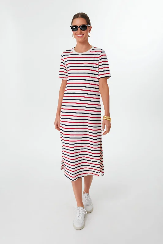 Americana Stripe Short Sleeve Gio Maxi Dress Stylish A-Line Maxi Dress