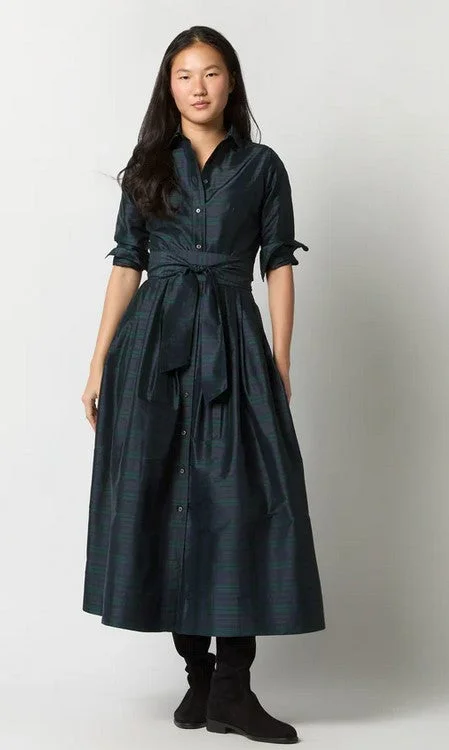 Ann Mashburn Classic Shirtwaist Maxi Dress - Blackwatch Silk Shantung Trendy Off-Shoulder Ruffle Maxi Dress