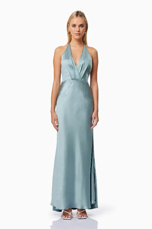 Aria Backless Satin Maxi Dress In Blue Comfortable Ruffle Hem Maxi Dress