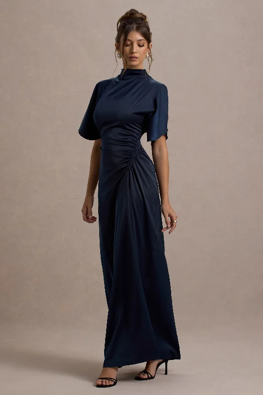 Audley | Navy Satin High-Neck Flutter-Sleeve Maxi Dress Classic A-Line Maxi Dress