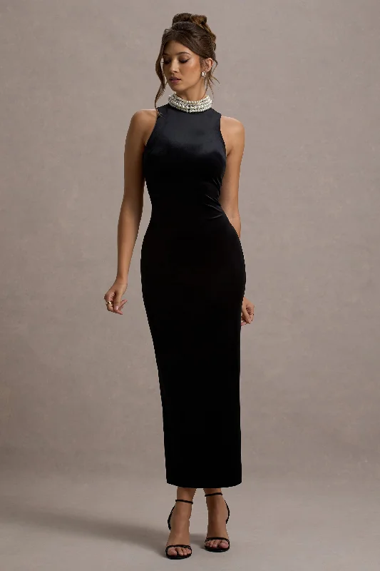 Audrine | Black Velvet Embellished High-Neck Maxi Dress Stylish Boho Maxi Dress