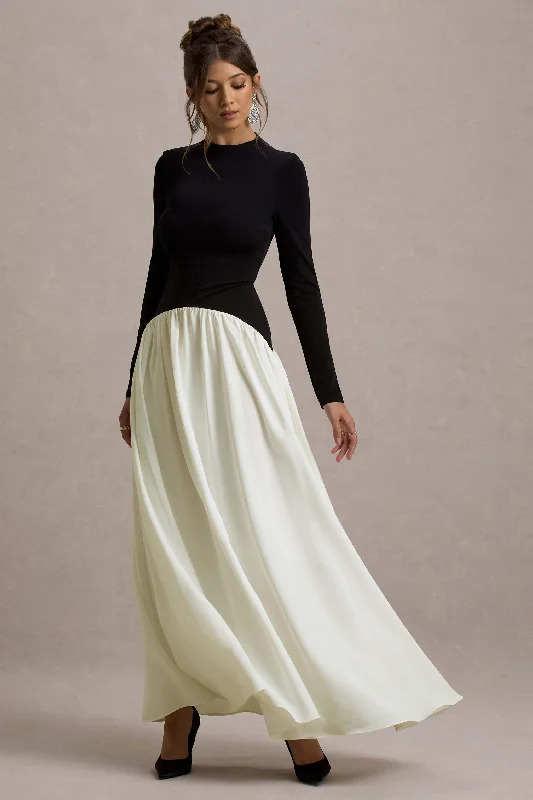 Benedetta | Black & Cream Long-Sleeve Drop-Waist Maxi Dress Comfortable Pleated Maxi Dress