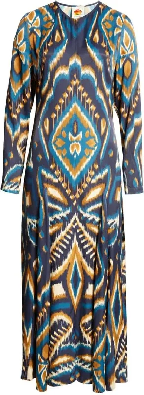 Farm Rio Women's Long Sleeve Satin Maxi Dress, Pineapple Ikat Blue Elegant Lace-Up Maxi Dress