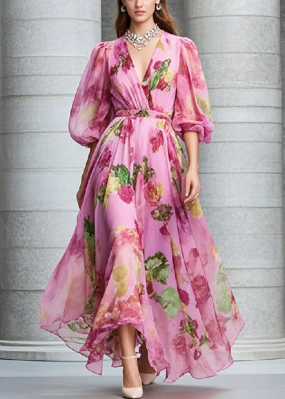 Boutique Rose Print Exra Large Hem Chiffon Maxi Dresses Fall Elegant Wraparound Maxi Dress