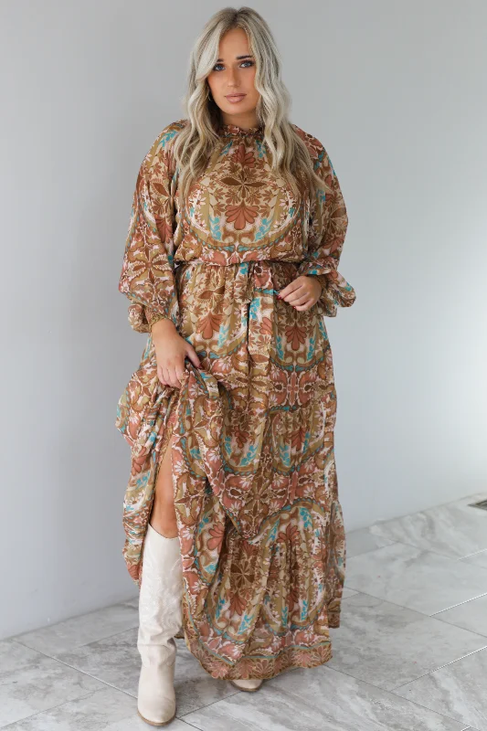 Charming Glance Maxi Dress: Caramel/Multi Classic V-Neck Maxi Dress