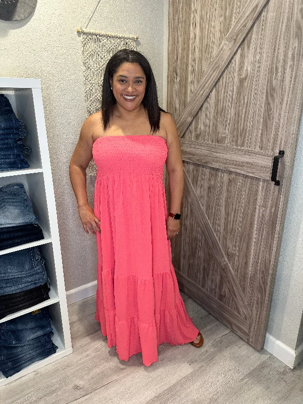 Coral Strapless Smocked Tiered Summer Maxi Dress Stylish Long Sleeve Maxi Dress