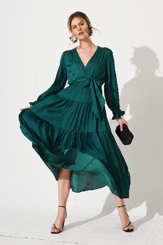 Dominique Maxi Dress In Emerald Satin Elegant Silk Maxi Dress