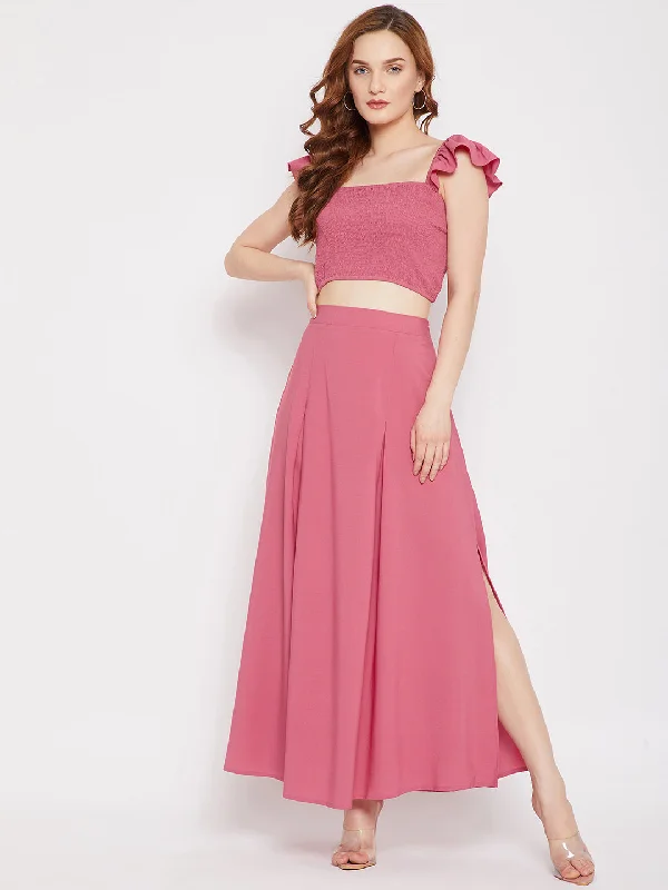 Berrylush Women Solid Pink Square Neck Crepe Smocked Co-Ordinate Maxi Dress Cozy Knit Maxi Dress