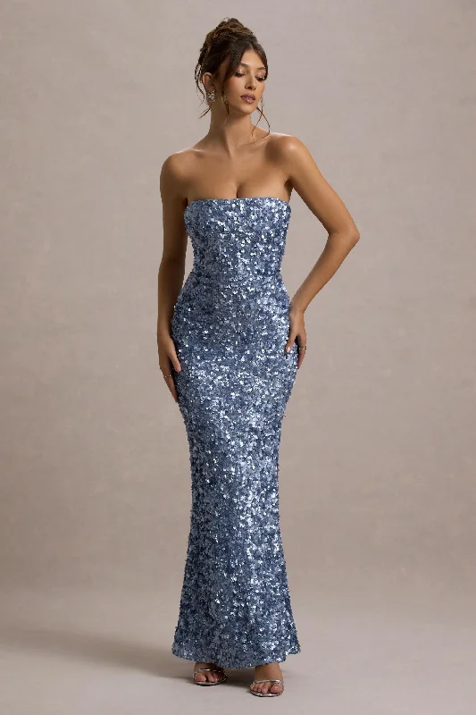 Evabeth | Powder Blue Sequin Strapless Maxi Dress Stylish Long Sleeve Maxi Dress