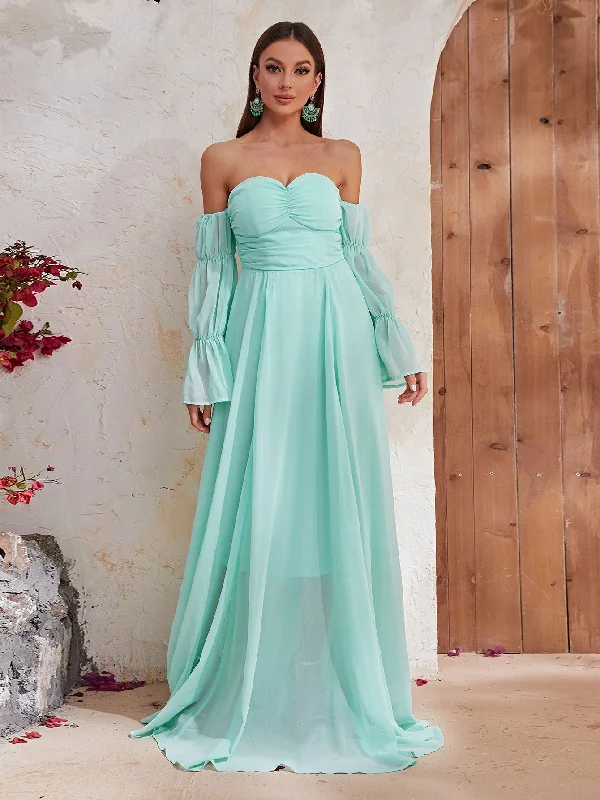 Fantasy Serenade Off-Shoulder Green Maxi Dress Trendy V-Neck Maxi Dress