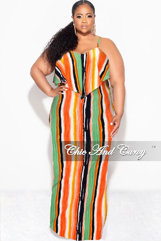 Final Sale Plus Size Maxi Dress with Spaghetti Straps & Overlay Ruffle in Multi-Color Vertical Stripes Elegant Maxi Dress with Drapes