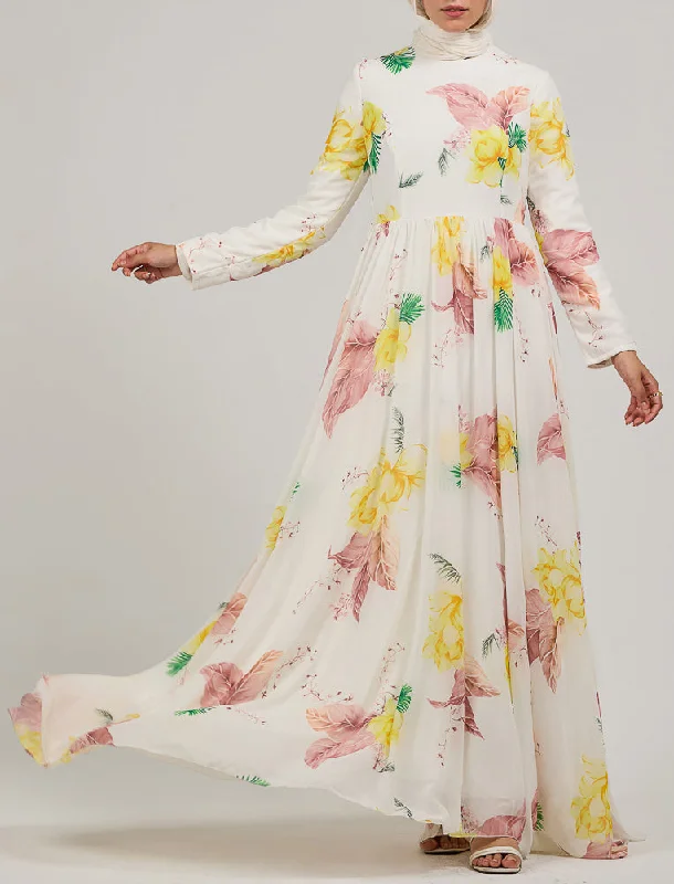 Thuraya Floral Chiffon Maxi Dress with Elegant Design Fashionable Open-Back Maxi Dress