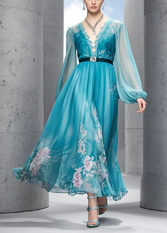 French Blue Cinched Print Chiffon Maxi Dresses Fall Elegant Tiered Maxi Dress