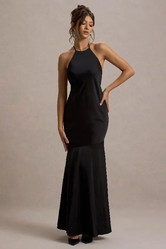 Frida | Black Satin Halter-Neck Backless Maxi Dress Elegant Pleated Maxi Dress