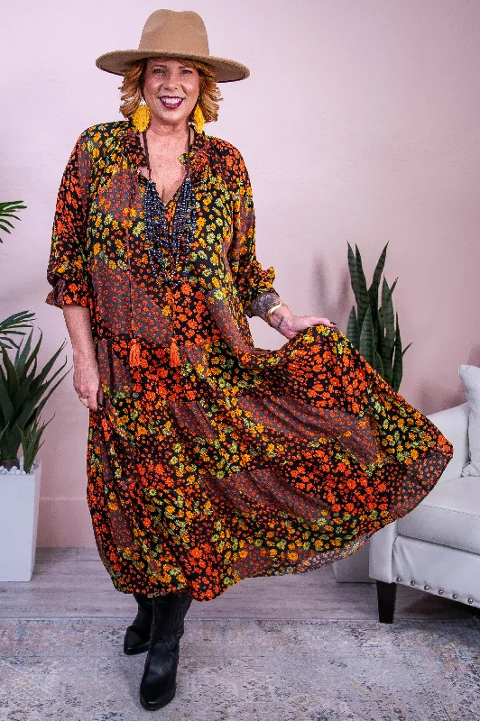 Garden Dreams Orange/Multi Color Floral Color Block Maxi Dress - D5527OR Stylish Button-Up Maxi Dress