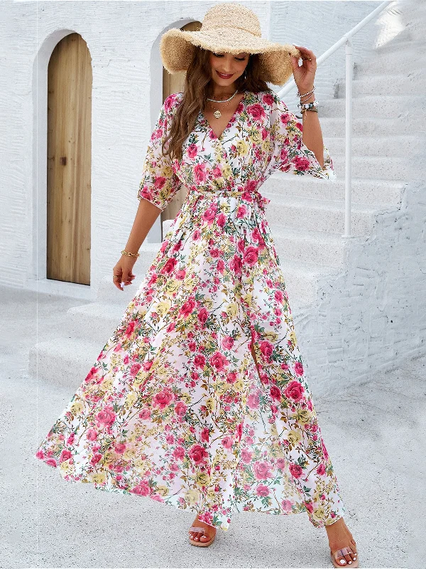 Garden Elegance Flowy Rose Print Maxi Dress Chic Button-Up Maxi Dress