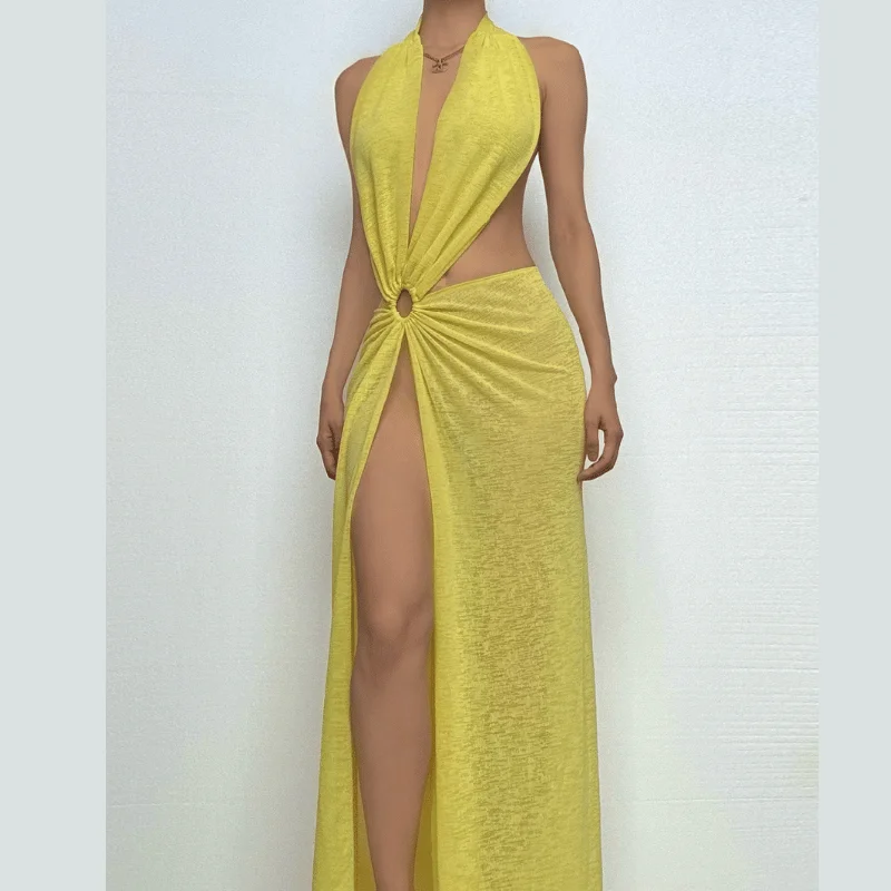 Halter v neck backless o ring maxi dress- Final Sale Comfortable Plunging Neckline Maxi Dress