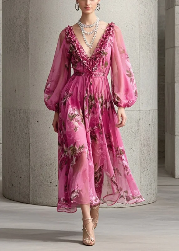 Handmade Rose Ruffled Print Chiffon Maxi Dress Fall Elegant Maxi Dress with Pockets