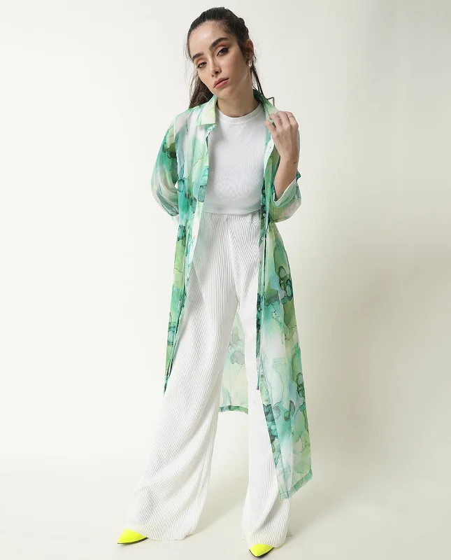 Rareism Women Jamaica Green Printed Shirt Collar Full Sleeves Front Button Placket Waist Drawstring Pockets Maxi Dress Trendy Maxi Dress with Lace