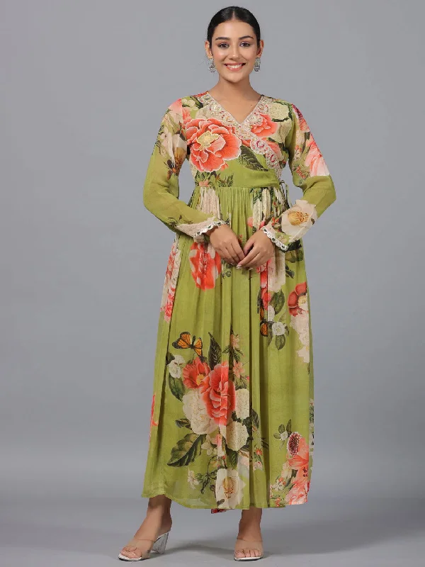 Jashvi  Green Floral Printed Georgette Lacy Maxi Dress Cozy Open-Back Maxi Dress