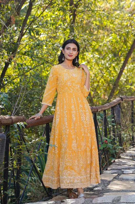 Jashvi Yellow Floral Printed Georgette Maxi Dress With Beads Kantha Work & Sequins At Neckline Cozy Spaghetti Strap Maxi Dress