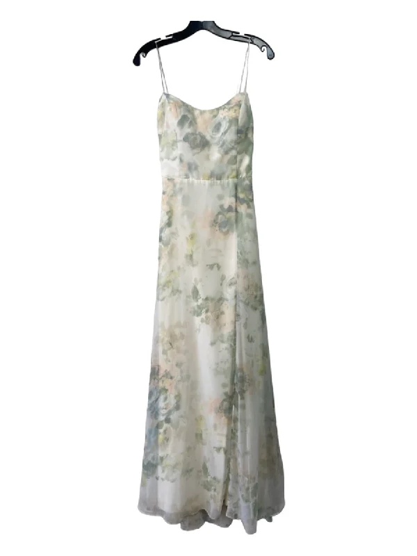 Jenny Yoo Size 10 Creme, Green & Peach Polyester Chiffon Floral Maxi Dress Cozy Cold-Shoulder Maxi Dress