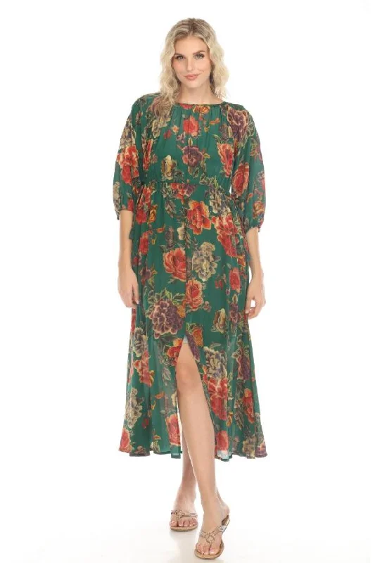 Johnny Was Green Verronah Floral Silk Maxi Dress C36424AO Trendy Button Front Maxi Dress