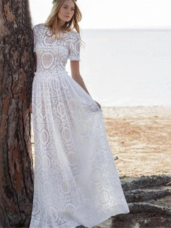 Lace Classical Solid Color White Hollow Maxi Dress Elegant Pleated Maxi Dress