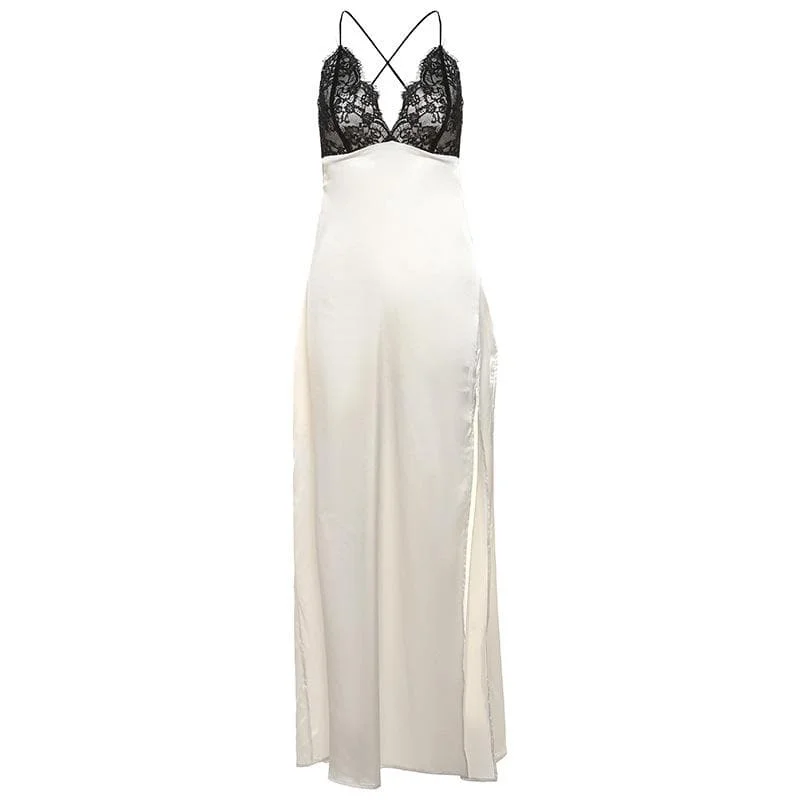 Lace zip-up backless high slit cami maxi dress Stylish V-Neck Maxi Dress