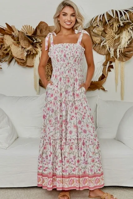 Lorena Shirred Maxi Dress - Pink Fashionable Chiffon Maxi Dress