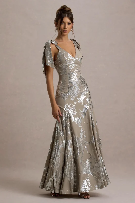 Lula | Champagne Metallic Plunge-Neck Maxi Dress With Bow Straps Cozy Ruffle Sleeve Maxi Dress