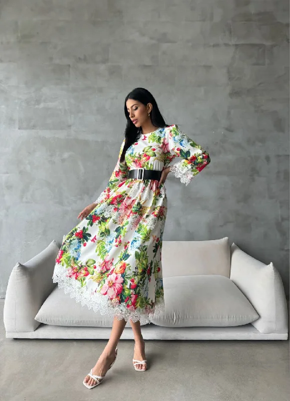 Malala Flower Garden Maxi Dress With Long Sleeves Cozy Open-Back Maxi Dress