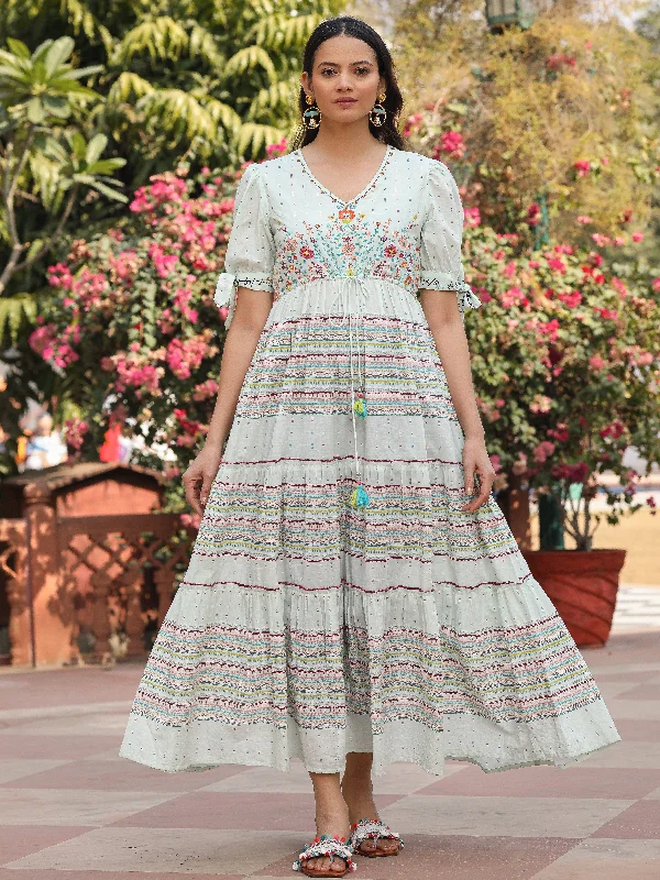 Jashvi Mint Wonderland Pure Cotton Floral Printed Maxi Dress With Beads Tassels Kantha & Contrast 3D Work Stylish Boho Chic Maxi Dress