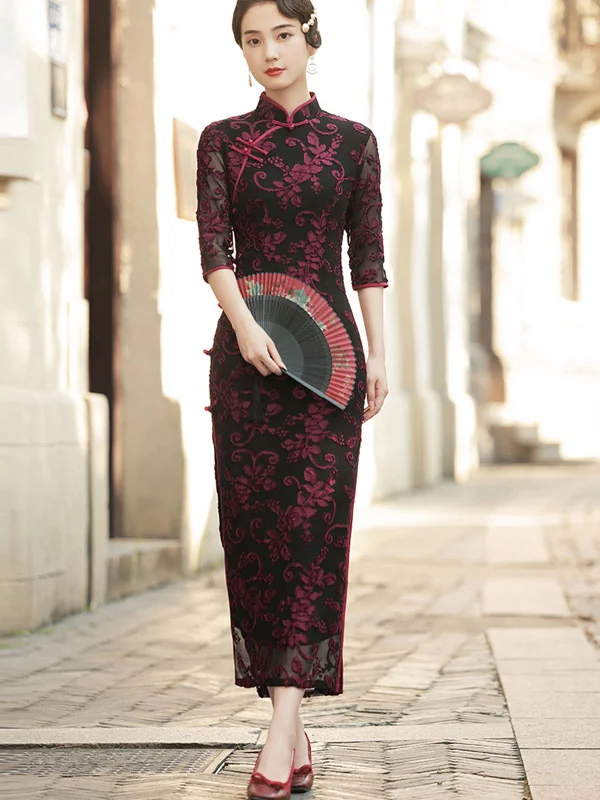 Mother's Red Floral Velvet Qi Pao Cheongsam Maxi Dress Chic Sleeveless Maxi Dress