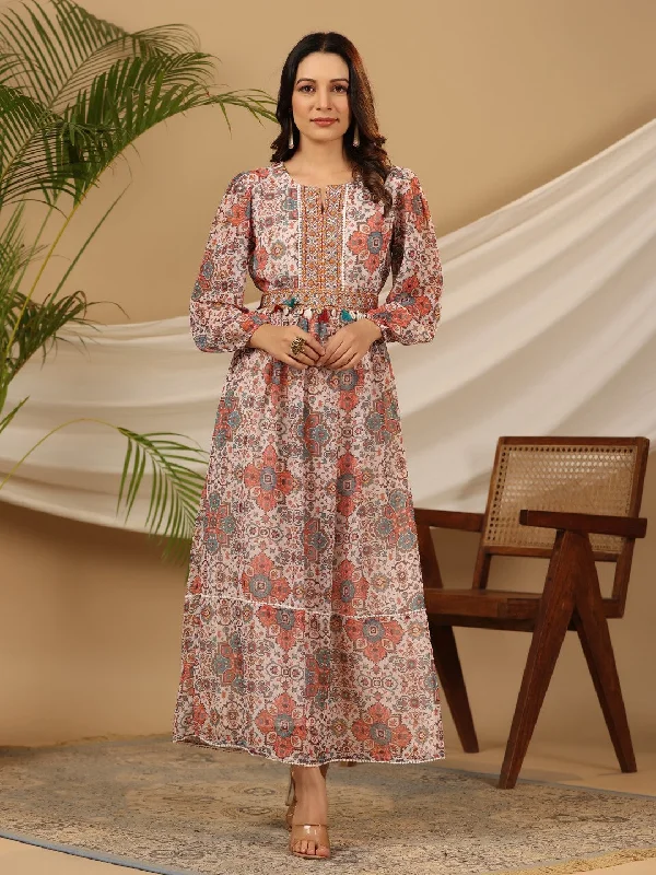 Jashvi Multi-Colour Ethnic Motif Printed Chiffon Maxi Dress With Mirror Work Casual Maxi Dress with Pockets