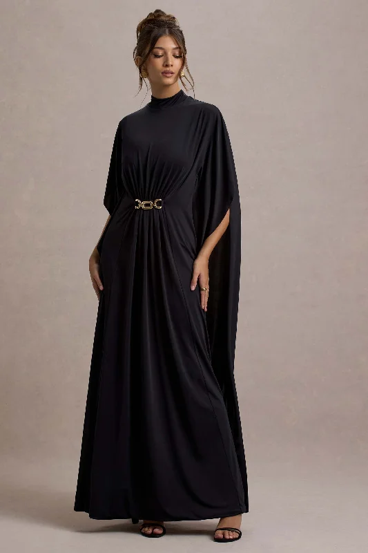 Olessia | Black Belted Gathered Cape-Sleeve Maxi Dress Fashionable Printed Maxi Dress