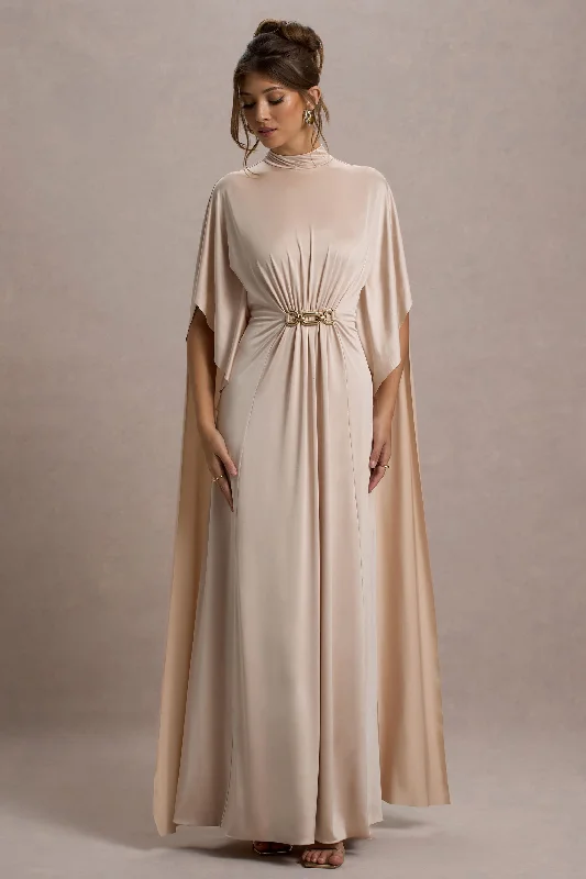 Olessia | Champagne Belted Gathered Cape-Sleeve Maxi Dress Classic A-Line Maxi Dress