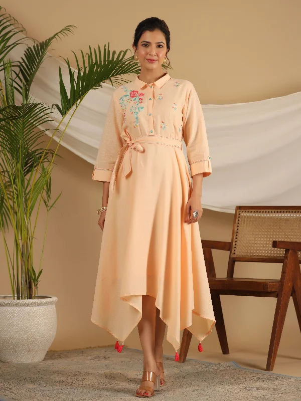 Jashvi Peach Fit & Flare Belted Asymmetrical Maxi Dress With Floral Thread Embroidery Stylish Maxi Dress with Pleats