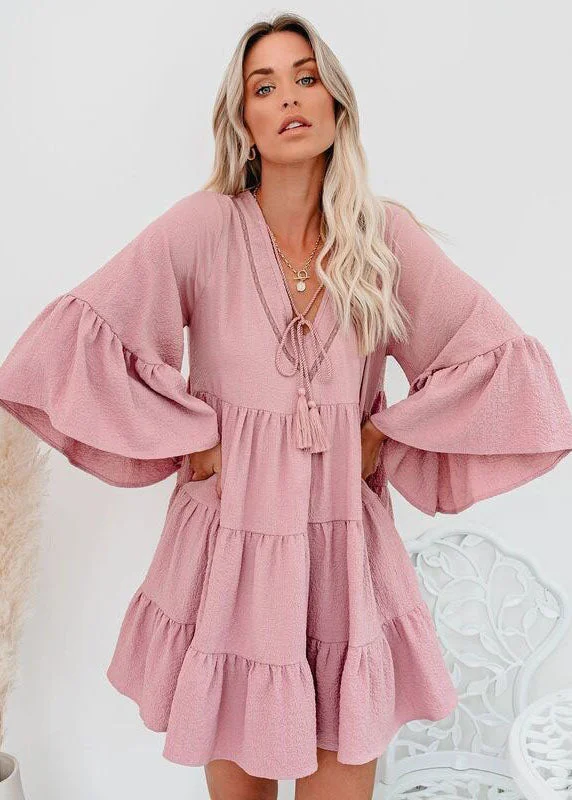 Pink Patchwork Chiffon Maxi Dresses Ruffled V Neck Summer Comfortable Ruffle Hem Maxi Dress