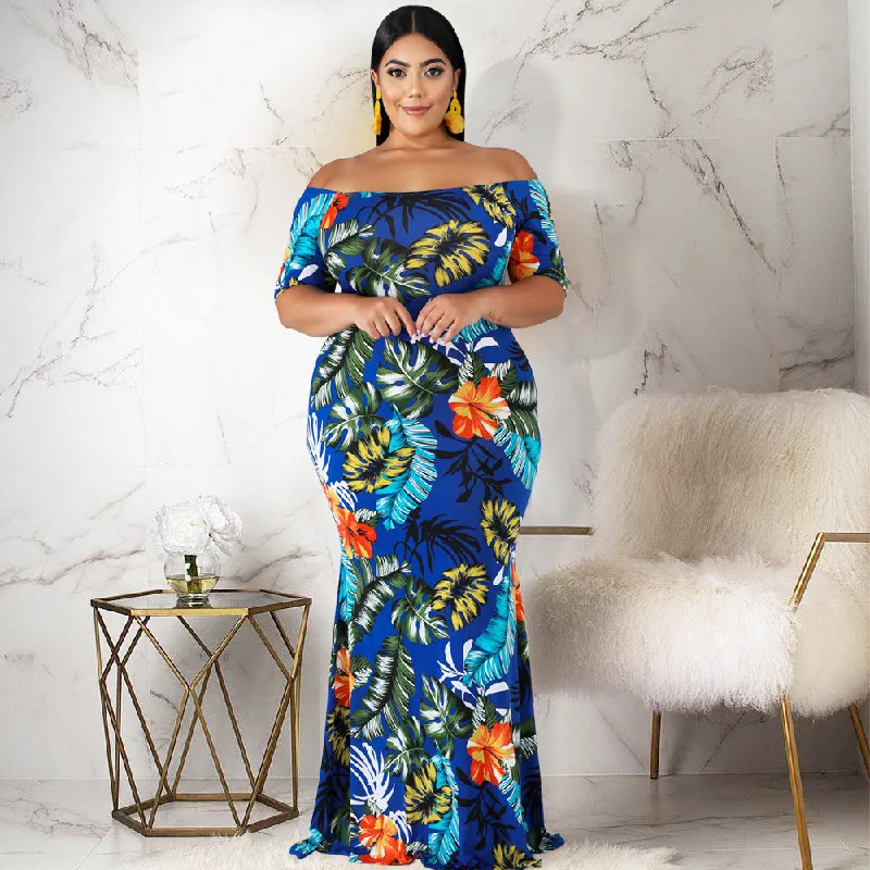 Plus Size Floral Leaf Printed Maxi Dress Hawaii Bandeau One-Shoulder Mopping Dress Classic Solid Maxi Dress