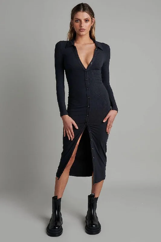 Polo Maxi Dress - Black Comfortable Long-Sleeve Maxi Dress