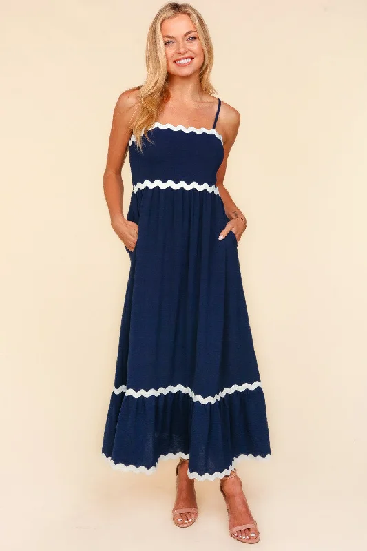 Ric Rac Square Neck Fit and Flare Maxi Dress Elegant Silk Maxi Dress