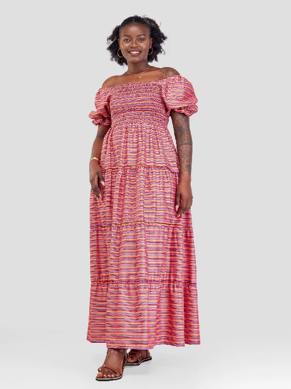 Safari Kikoy Shirred Top Maxi Dress - Red Print Fashionable High-Low Maxi Dress